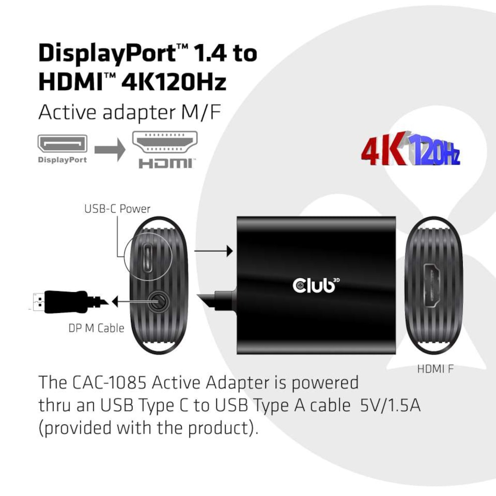 Club 3D DisplayPort™1.4 auf HDMI™ 4K120Hz HDR Aktiver Adapter St./B.