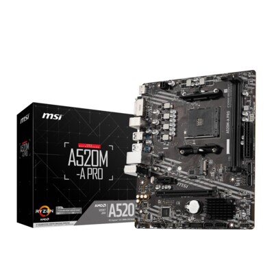 320 GB günstig Kaufen-MSI A520M-A PRO mATX Mainboard Sockel AM4 DVI/HDMI/M.2/SATA. MSI A520M-A PRO mATX Mainboard Sockel AM4 DVI/HDMI/M.2/SATA <![CDATA[• mATX Mainboard Sockel AM4, AMD Ryzen 4./3./2. Gen. • AMD A520 Chipsatz • 64 GB max. RAM, DDR4-1866 bis 3200 OC bis: 4