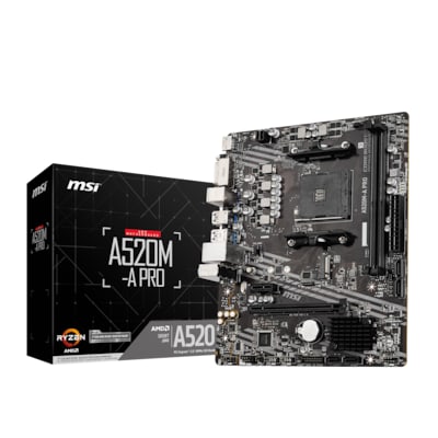 Ryzen AM4 günstig Kaufen-MSI A520M-A PRO mATX Mainboard Sockel AM4 DVI/HDMI/M.2/SATA. MSI A520M-A PRO mATX Mainboard Sockel AM4 DVI/HDMI/M.2/SATA <![CDATA[• mATX Mainboard Sockel AM4, AMD Ryzen 4./3./2. Gen. • AMD A520 Chipsatz • 64 GB max. RAM, DDR4-1866 bis 3200 OC bis: 4