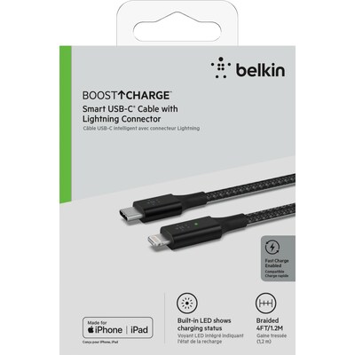 USB C  günstig Kaufen-Belkin Smart LED USB-C auf Lightning Kabel 1,2m schwarz. Belkin Smart LED USB-C auf Lightning Kabel 1,2m schwarz <![CDATA[• Lightning-Kabel • Strapazierfähige Nylonummantelung • Integrierte LED • MFi-Zertifizierung • Farbe: Schwarz]]>. 