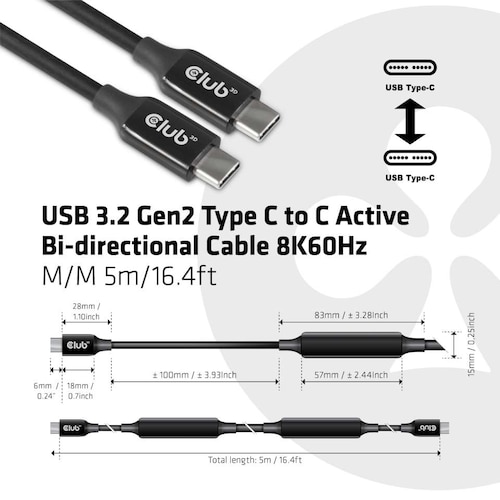 Club 3D USB 3.2 Adapter Typ-C zu Typ-C Kabel 5m 8K60Hz St./St. schwarz