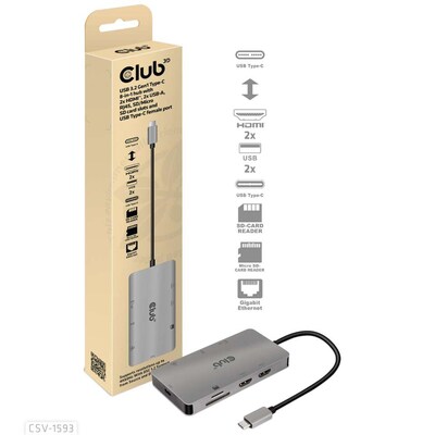 N1 grau günstig Kaufen-Club 3D USB Gen1 Typ-C 8-in-1 Hub mit 2x HDMI, 2x USB-A, RJ45, SD/Micro SD, grau. Club 3D USB Gen1 Typ-C 8-in-1 Hub mit 2x HDMI, 2x USB-A, RJ45, SD/Micro SD, grau <![CDATA[• USB-Adapter • Anschlüsse: USB Typ C und USB Typ A 2x / USB Typ C 1x / 2x HDM