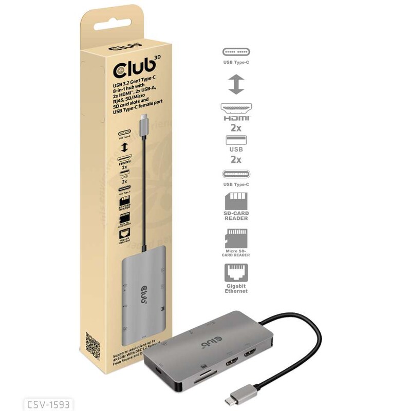 Club 3D USB Gen1 Typ-C 8-in-1 Hub mit 2x HDMI, 2x USB-A, RJ45, SD/Micro SD, grau