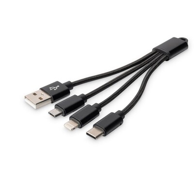 Lightning F günstig Kaufen-DIGITUS 3-in-1 Ladekabel, USB A - Lightning + Micro USB + USB-C, schwarz. DIGITUS 3-in-1 Ladekabel, USB A - Lightning + Micro USB + USB-C, schwarz <![CDATA[• USB-Kabel • Anschlüsse: USB Typ A und USB micro B + USB C • Farbe: schwarz, Länge: 0,15m 