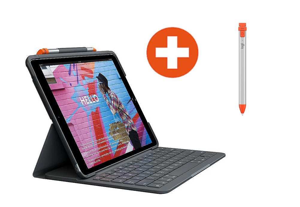 Logitech Slim Folio H&uuml;lle und Tastatur + Logitech Crayon f&uuml;r iPads der 7./8. Gen