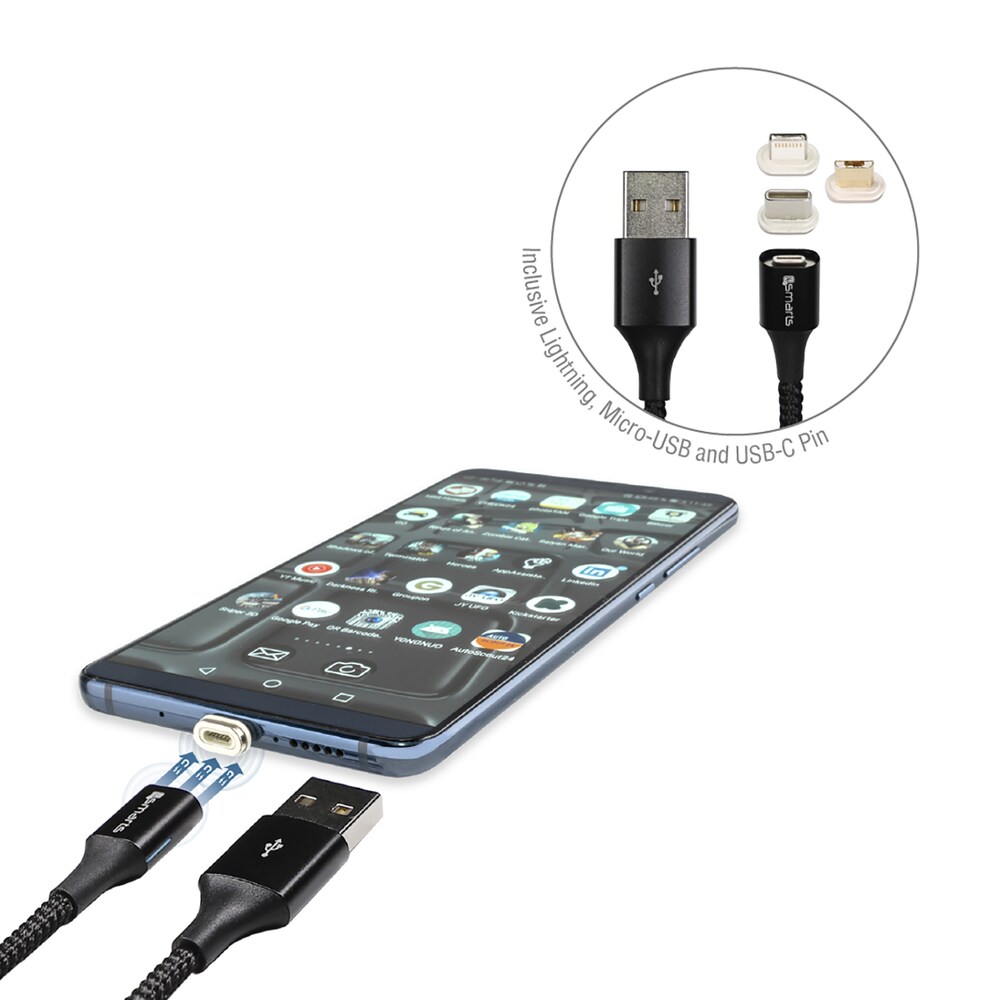 4smarts GravityCord 2.0 USB-A auf C, Lightning &amp; Micro USB Kabel 0,5m schwarz