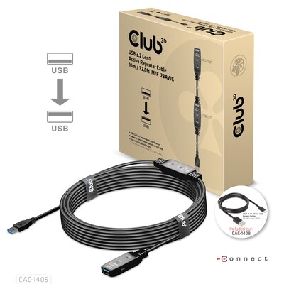 USB C  günstig Kaufen-Club 3D USB 3.2 Gen1 aktives Kabel 10m St./B. 28AWG schwarz. Club 3D USB 3.2 Gen1 aktives Kabel 10m St./B. 28AWG schwarz <![CDATA[• USB-Kabel • Anschlüsse: USB Typ A und USB Typ A • Farbe: schwarz, Länge: 10,0m • für Mac und PC • Farbe: Schwa