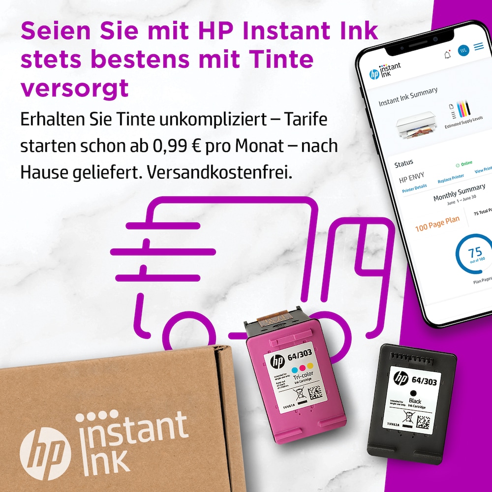 Probemonate ab 0,99 €/Monat. Monatlich kündbar. Details zum Service finden Sie unter www.hpinstantink.de oder www.hpinstantink.at.