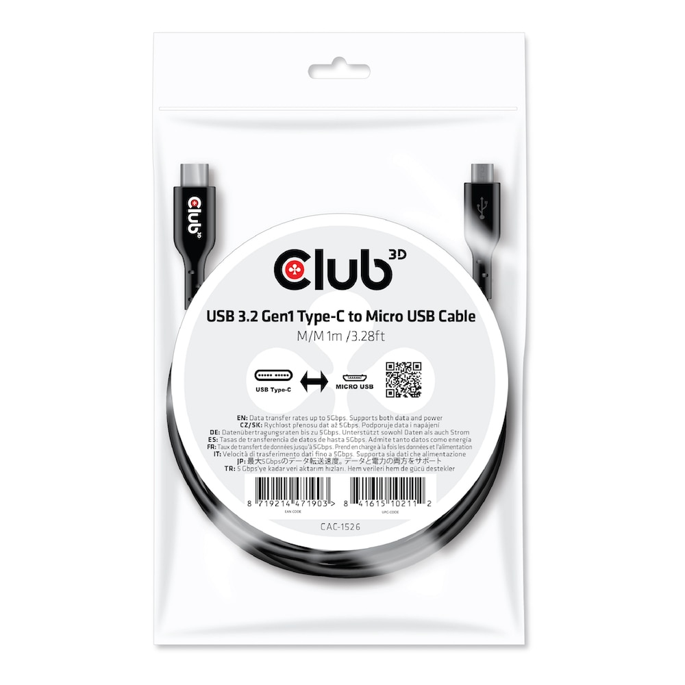 Club 3D USB 3.2 Gen1 Typ-C auf Micro USB Kabel 1m St./St. schwarz