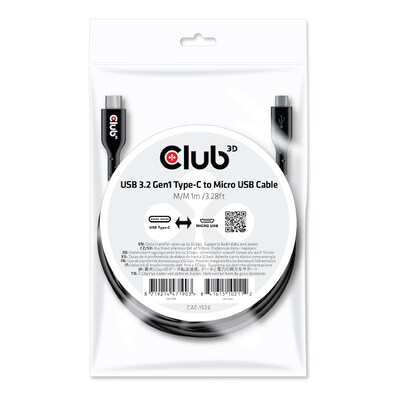 CLUB günstig Kaufen-Club 3D USB 3.2 Gen1 Typ-C auf Micro USB Kabel 1m St./St. schwarz. Club 3D USB 3.2 Gen1 Typ-C auf Micro USB Kabel 1m St./St. schwarz <![CDATA[• USB-Kabel • Anschlüsse: USB Typ C und USB micro • Farbe: schwarz, Länge: 1,0m • für Mac und PC • F