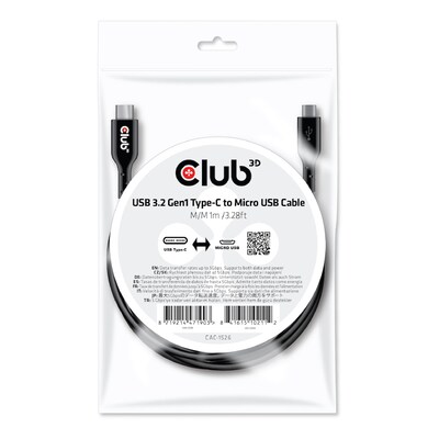 Typ D günstig Kaufen-Club 3D USB 3.2 Gen1 Typ-C auf Micro USB Kabel 1m St./St. schwarz. Club 3D USB 3.2 Gen1 Typ-C auf Micro USB Kabel 1m St./St. schwarz <![CDATA[• USB-Kabel • Anschlüsse: USB Typ C und USB micro • Farbe: schwarz, Länge: 1,0m • für Mac und PC • F