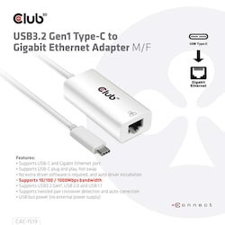 Club 3D USB 3.2 Gen2 Typ-C auf Gigabit Ethernet LAN Adapter 0,2m schwarz