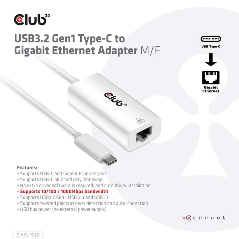 Club 3D USB 3.2 Gen2 Typ-C auf Gigabit Ethernet LAN Adapter 0,2m schwarz