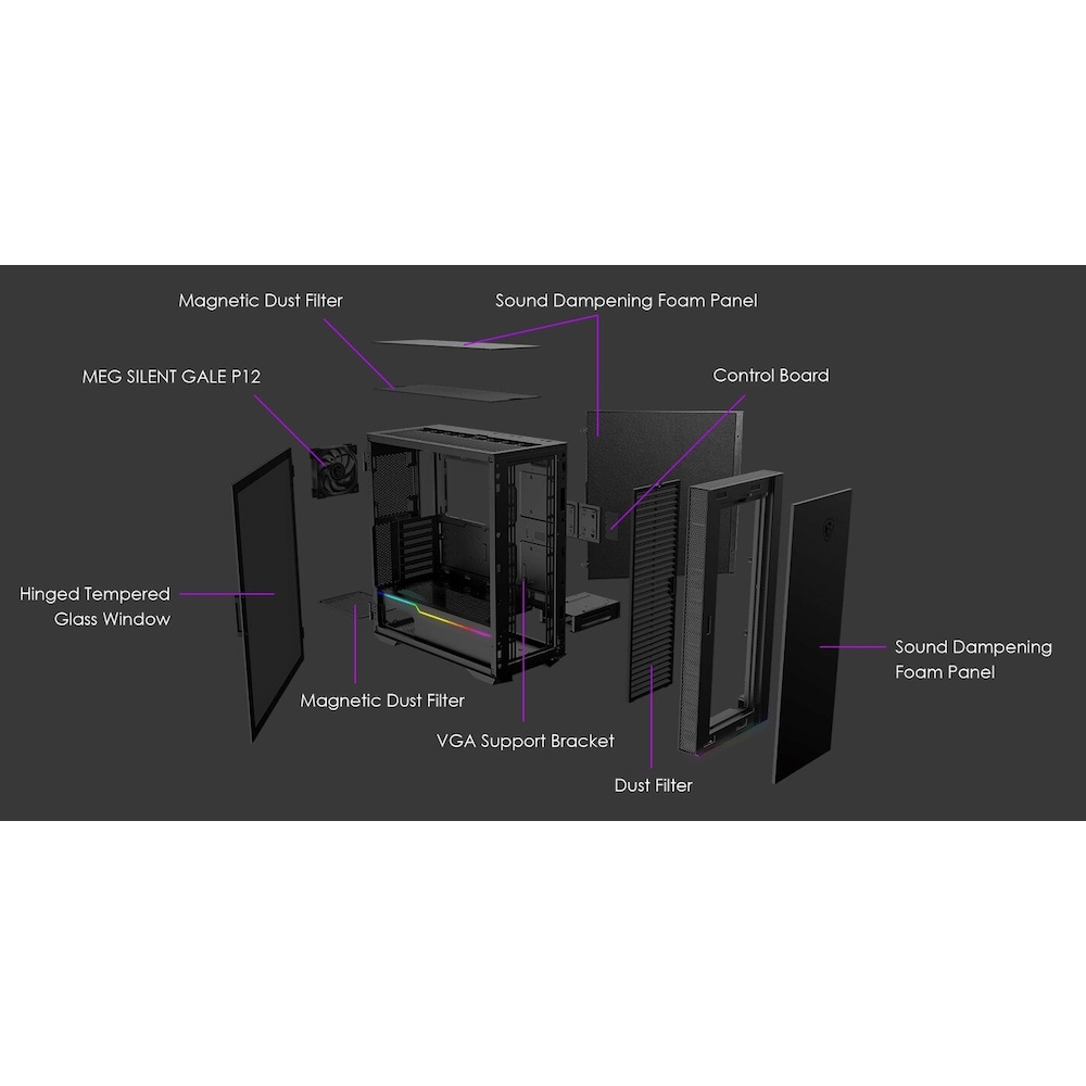 MSI Quietude 100S Midi Tower Gaming Gehäuse, Seitenfenster, geräuschgedämmt
