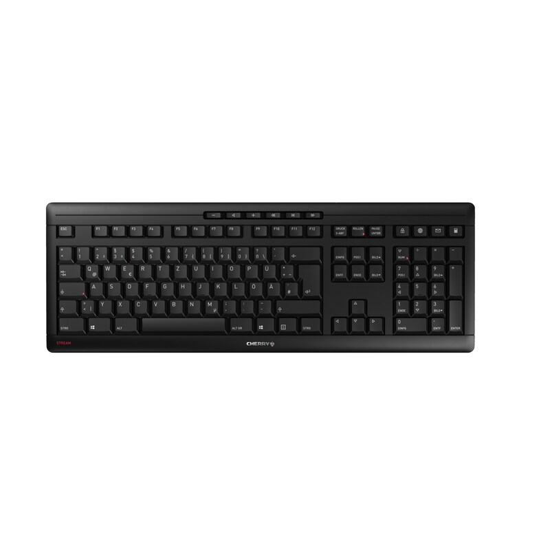 TS PC günstig Kaufen-CHERRY STREAM Kabellose Tastatur. CHERRY STREAM Kabellose Tastatur <![CDATA[• Anwendungsbereich: professionelles Arbeiten, Nummernblock separat • Kabellos, 2,4GHz • Layout: deutsch • schwarz, 920g, 23,1 mm x 463 mm x 162 mm (H x B x T) • PC/ Notebook, USB