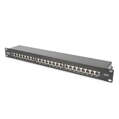 Digitus günstig Kaufen-Digitus Patch Panel 48,3cm 19Zoll 24Port Cat6 geschirmt schwarz. Digitus Patch Panel 48,3cm 19Zoll 24Port Cat6 geschirmt schwarz <![CDATA[• Patch Panel mit stabilem Metallgehäuse • Kabelinstallation über LSA-Leisten • Komplette Abschirmung von Geh