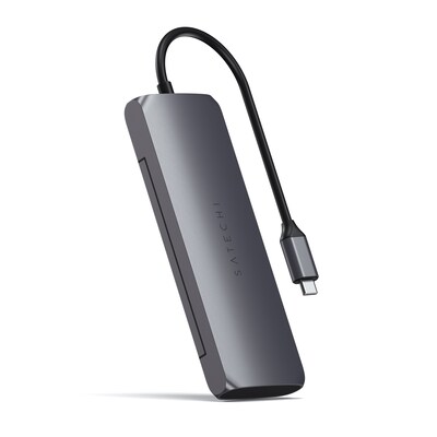 USB C  günstig Kaufen-Satechi USB-C Hybrid Multiport Adapter mit SSD Steckplatz Space Grau. Satechi USB-C Hybrid Multiport Adapter mit SSD Steckplatz Space Grau <![CDATA[• Multiport-Adapter mit integriertem SSD-Steckplatz • Größe: 13,5 x 4,6 x 1,5 Zentimeter • Gewicht: