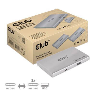 Smart+LED günstig Kaufen-Club 3D Thunderbolt™ 4 portabler 5-in-1 Hub mit Smart Power. Club 3D Thunderbolt™ 4 portabler 5-in-1 Hub mit Smart Power <![CDATA[• Thunderbolt-Adapter • Anschlüsse: HDMI A und HDMI A • Farbe: grau • Schlankes und kompaktes Aluminiu