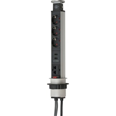 Brennenstuhl  Tower Power Steckdosenleiste 2-fach USB/RJ45 Schalter versenkbar 2m | 04007123667321