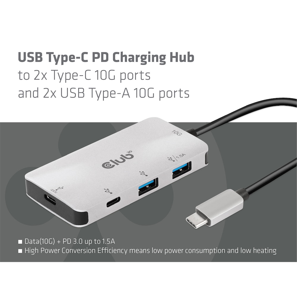 Club 3D USB Gen2 Typ-C PD Lade-Hub auf 2x Typ-C 10G Ports und 2x USB-Typ-A 10G