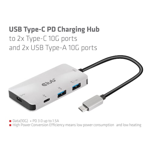 Club 3D USB Gen2 Typ-C PD Lade-Hub auf 2x Typ-C 10G Ports und 2x USB-Typ-A 10G