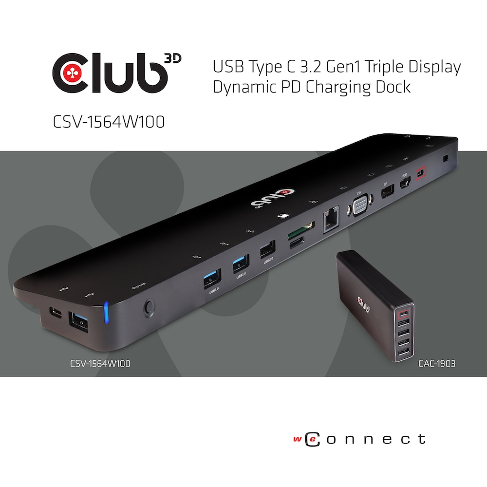 Club 3D USB Gen1 Typ-C Triple Display Dynamic PD Charging Dock m. 100 Watt