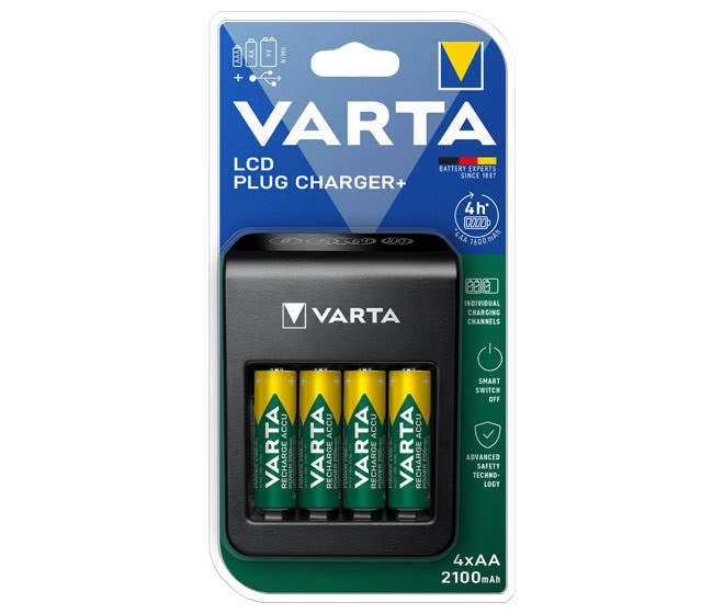 VARTA LCD Plug Charger + inkl. 4x Akku Mignon AA (2100 mAh) Universal Ladeger&auml;t