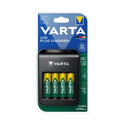 VARTA LCD Plug Charger + inkl. 4x Akku Mignon AA (2100 mAh) Universal Ladegerät