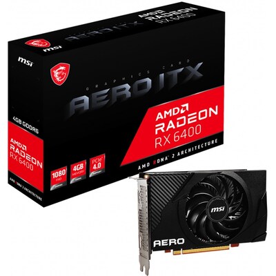 HDMI A günstig Kaufen-MSI AMD Radeon RX 6400 AERO ITX 4GB GDDR6 Grafikkarte DP/HDMI. MSI AMD Radeon RX 6400 AERO ITX 4GB GDDR6 Grafikkarte DP/HDMI <![CDATA[• AMD Radeon RX 6400 (Big-Navi), RDNA 2, Werksseitig übertaktet • 4GB GDDR6-RAM (64Bit-Speicherinterface) • Core(G