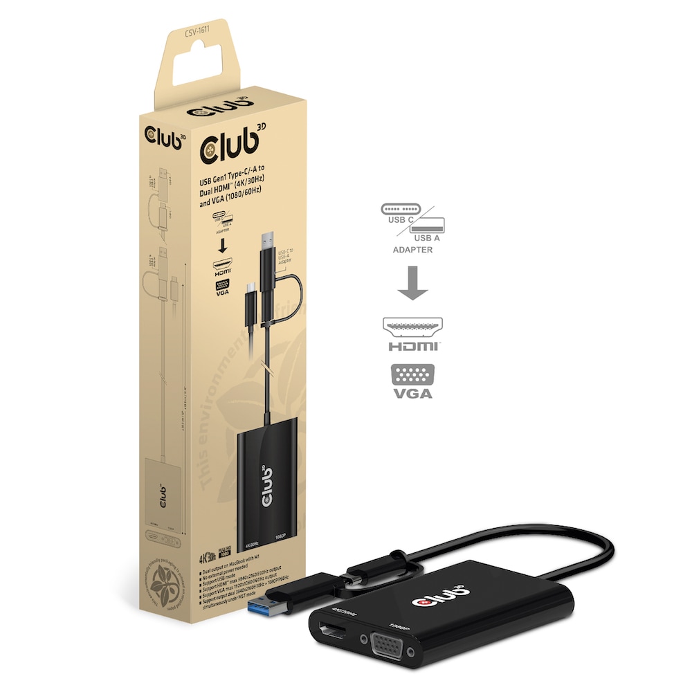 Club 3D USB 3.2 Splitter Type-C/-A zu Dual HDMI (4K/30Hz) + VGA (1080/60Hz)