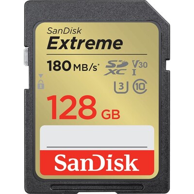 SanDisk Extreme 128 GB SDXC Speicherkarte (2022) bis 180MB/s, Cl10, U3, V30