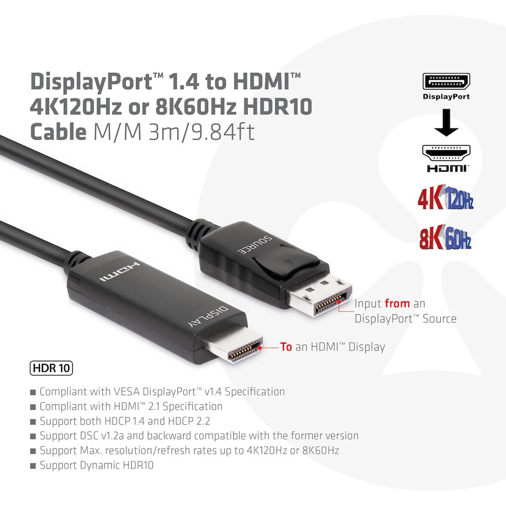 Club 3DDisplayPort™ 1.4 auf HDMI™ 4K120Hz oder 8K60Hz HDR10 Kabel 3m St./St.