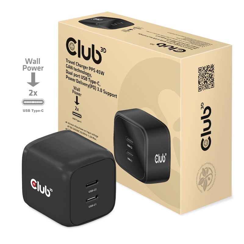 Club 3D Reise Ladegerät PPS 45W GAN, Power Delivery (PD) 3.0 CAC-1909EU