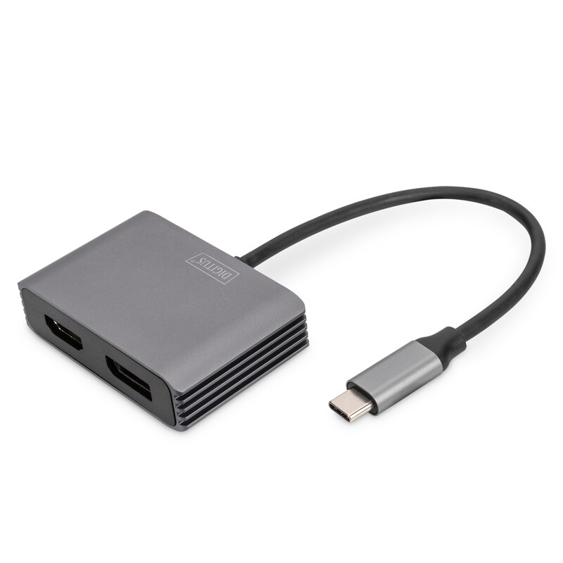 DIGITUS USB-C - DP + HDMI Adapter, 20 cm 4K/30Hz, Silber, Aluminium Gehäuse