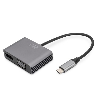 DIGITUS USB-C - DP + VGA Adapter, 20 cm 4K/30Hz, Silber, Aluminium Gehäuse
