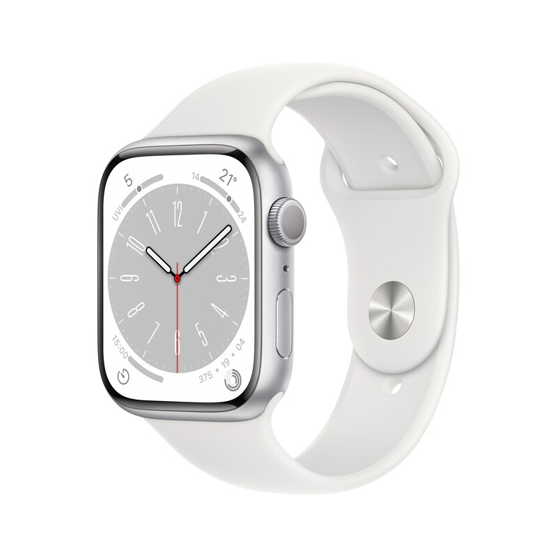 Apple Watch Series 8 GPS 45mm Aluminium Silber Sportarmband Weiß