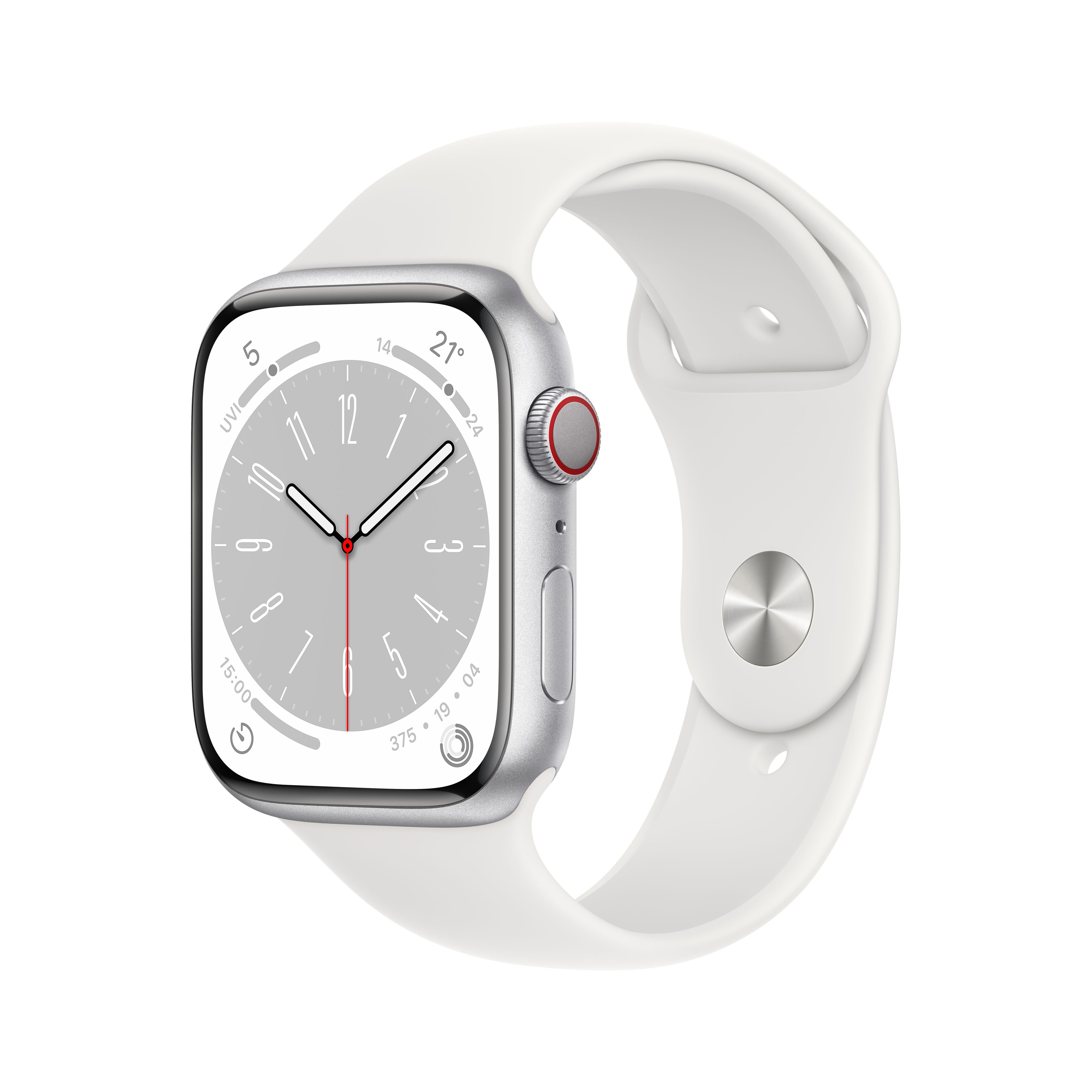 Apple Watch Series 8 LTE 45mm Aluminium Silber Sportarmband Wei&szlig;