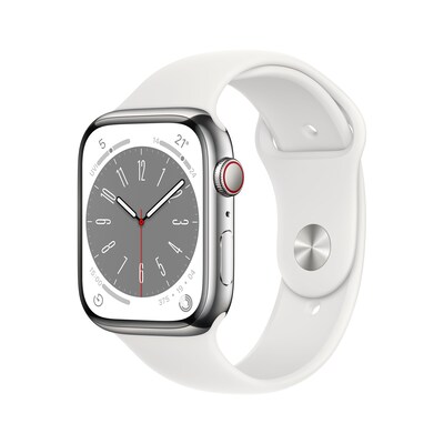 tu te  günstig Kaufen-Apple Watch Series 8 LTE 45mm Edelstahl Silber Sportarmband Weiß. Apple Watch Series 8 LTE 45mm Edelstahl Silber Sportarmband Weiß <![CDATA[• LTE + GPS • Die fortschrittlichsten Gesundheitsfeatures. • Die Zukunft der Gesundheit. Am Handgel