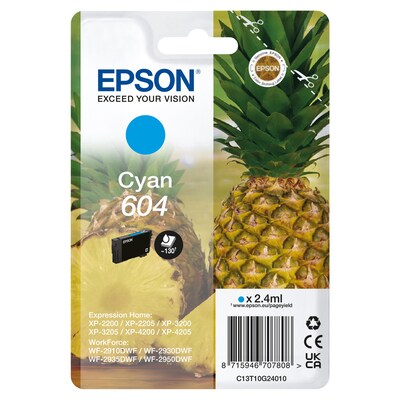 Druckerpatrone 24 günstig Kaufen-Epson 604 Original Druckerpatrone Cyan C13T10G24010 Ananas Tinte. Epson 604 Original Druckerpatrone Cyan C13T10G24010 Ananas Tinte <![CDATA[• Epson Tintenpatrone C13T10G24010 • Farbe: Cyan • Reichweite: ca. 130 Seiten (2,4 ml) • Kompatibel zu: Wor