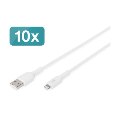 10 x  günstig Kaufen-DIGITUS Daten- und Ladekabel USB-A zu Lightning, 1.0m, weiß, 10er Pack. DIGITUS Daten- und Ladekabel USB-A zu Lightning, 1.0m, weiß, 10er Pack <![CDATA[• USB-Kabel • Anschlüsse: USB Typ A und Lightning • Farbe: schwarz, Länge: 1,0m • A
