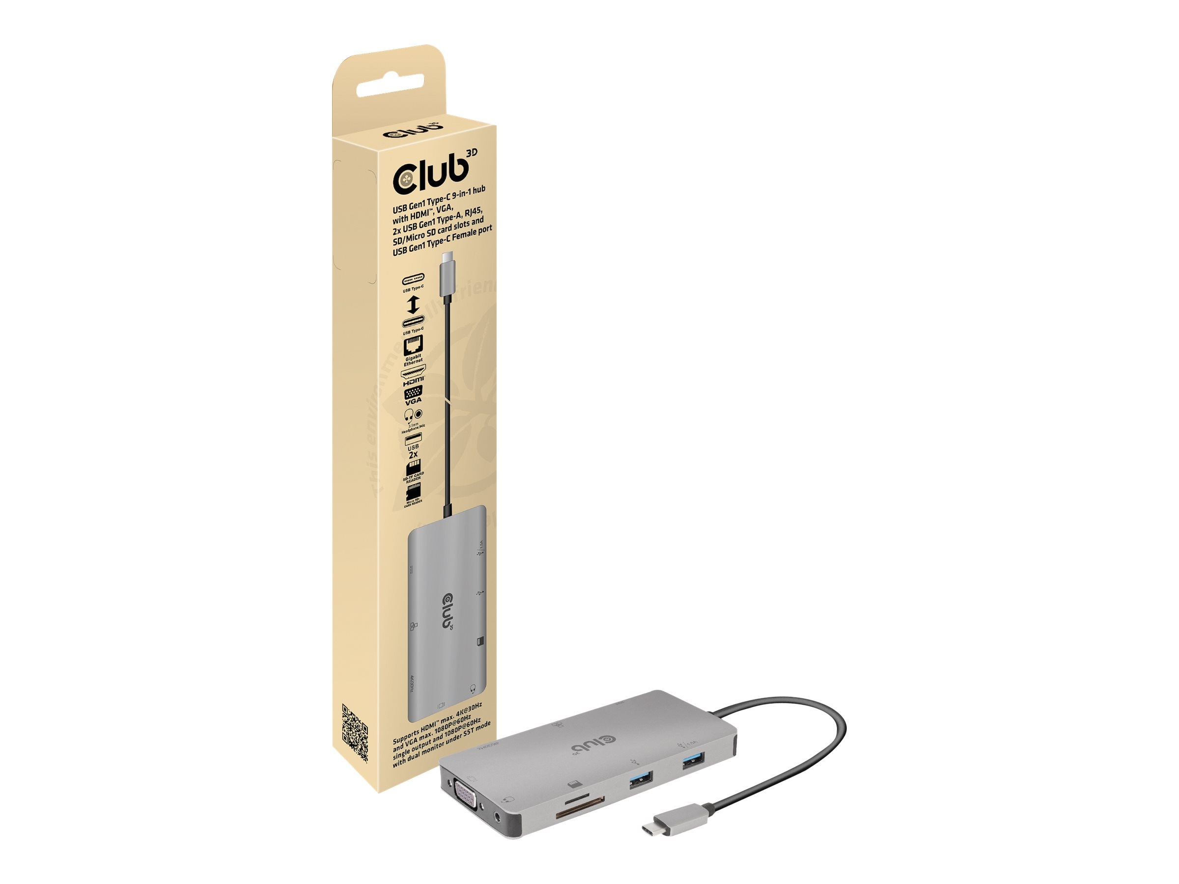 Club 3D USB Gen 1 Typ-C 9-in-1 Hub mit HDMI, VGA SD/Micro SD Kartenslots