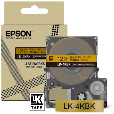 Schriftband günstig Kaufen-Epson C53S654001 Schriftband LK-4KBK Satinband 12mmx5m schwarz/gold. Epson C53S654001 Schriftband LK-4KBK Satinband 12mmx5m schwarz/gold <![CDATA[• Epson C53S654001 - Schriftband Satin • Bandfarbe: gold, Schriftfarbe: schwarz • kompatibel zu LabelWo