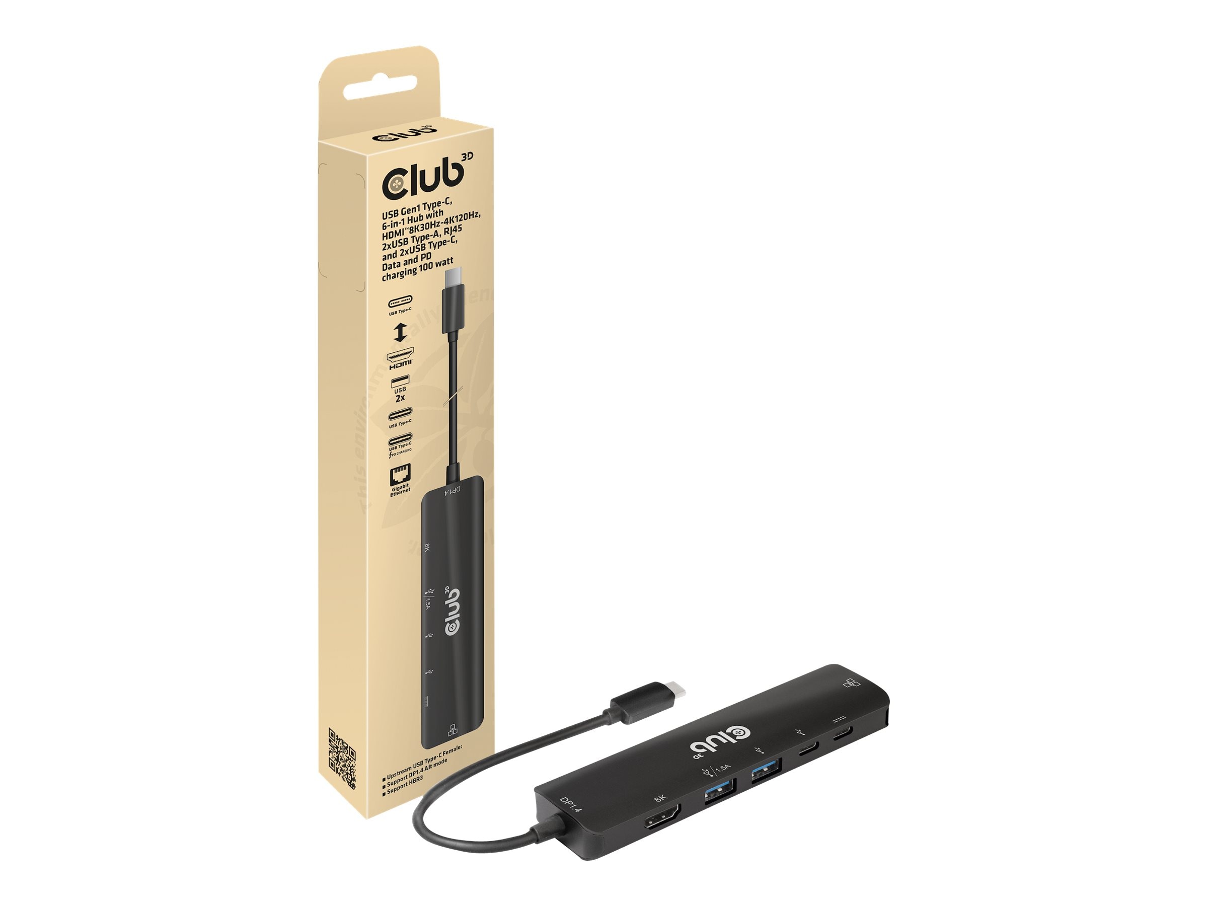 Club 3D USB Typ-C 3.2 Gen1, 6in1 Hub HDMI 8K30Hz-4K120Hz, 2xUSB Typ-A, RJ45 100W