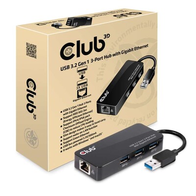 Club3D Club 3D USB 3.2 Gen1 Typ A 3-Port Hub mit Gigabit Ethernet schwarz | 08719214470111