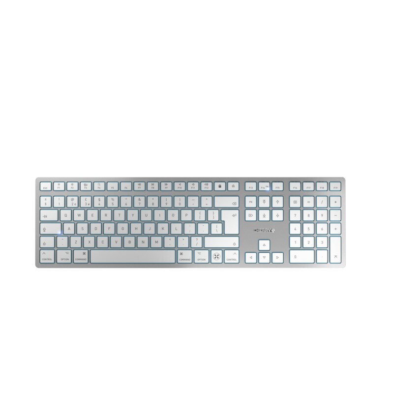 CHERRY KW 9100 Slim f&uuml;r Mac kabellose Tastatur UK-Layout wei&szlig;-Silber