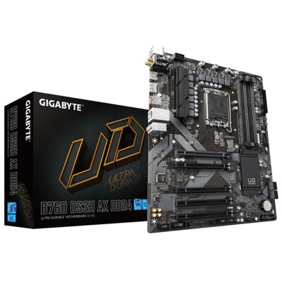 DDR4 SO günstig Kaufen-GIGABYTE B760 DS3H AX DDR4 ATX Mainboard Sockel 1700 M.2/HDMI/DP/WIFI/BT. GIGABYTE B760 DS3H AX DDR4 ATX Mainboard Sockel 1700 M.2/HDMI/DP/WIFI/BT <![CDATA[• ATX Mainboard mit Sockel Intel 1700 für Intel Core 13. Generation-CPU • Intel B760-Chipsatz,