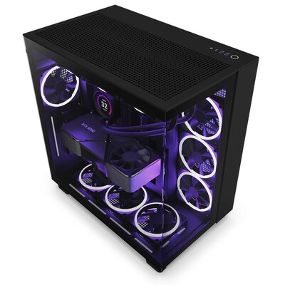 E4 XE4 günstig Kaufen-NZXT H9 Flow Black Midi Tower ATX Gaming Gehäuse schwarz mit Glasfenster. NZXT H9 Flow Black Midi Tower ATX Gaming Gehäuse schwarz mit Glasfenster <![CDATA[• Midi Tower für ATX mit Seitenfenster, schwarz • 4 Quiet Airflow-Lüftern der F-Ser