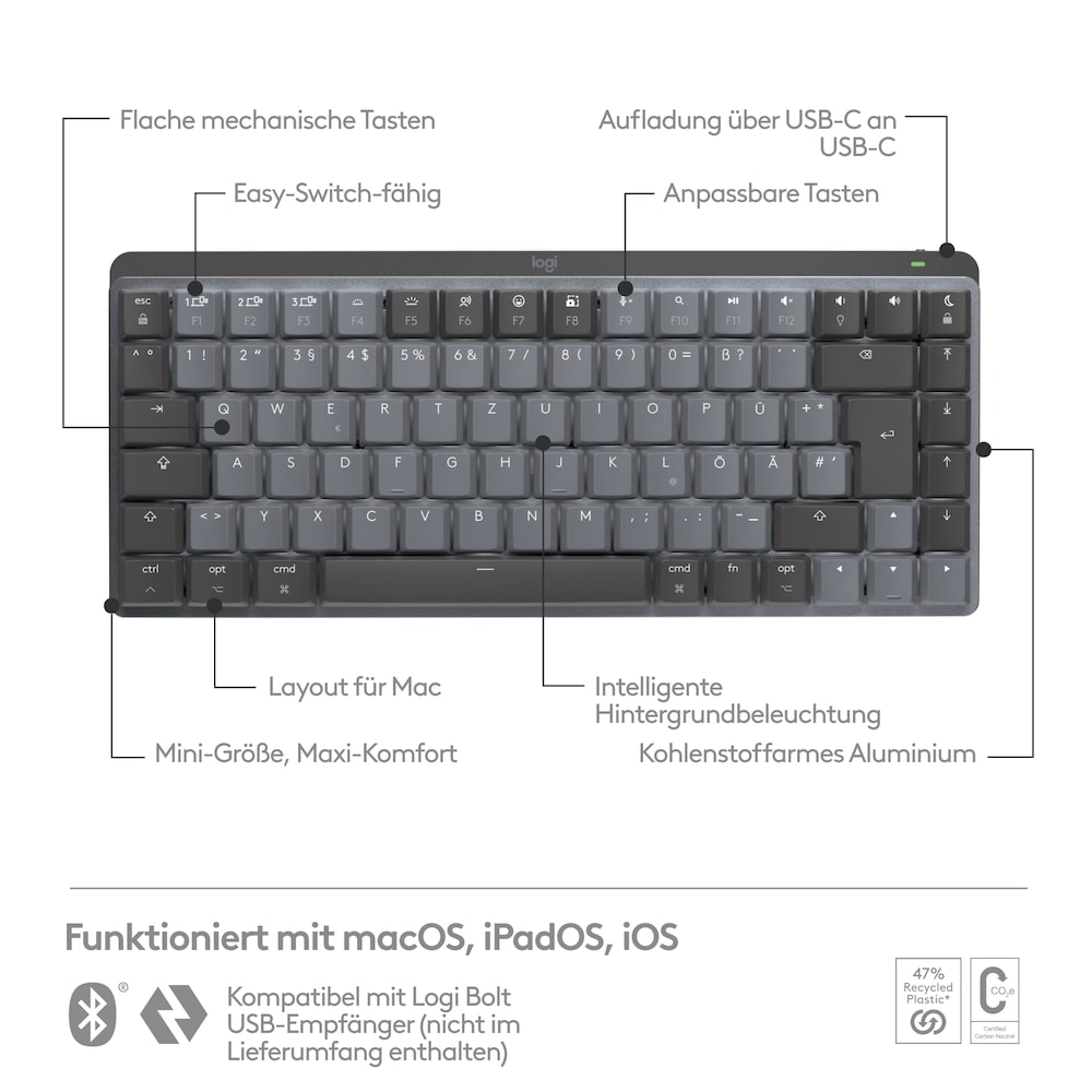 Logitech MX Mechanical Mini für Mac Kabellose Tastatur Dunkelgrau