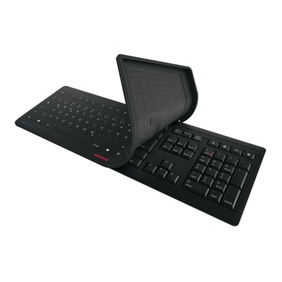 Nummer 2 günstig Kaufen-CHERRY STREAM PROTECT Kabellose Tastatur, schwarz. CHERRY STREAM PROTECT Kabellose Tastatur, schwarz <![CDATA[• Anwendungsbereich: professionelles Arbeiten, Nummernblock integriert • Kabellos, 2,4GHz • Layout: deutsch • schwarz, 23,0 mm x 463 mm x