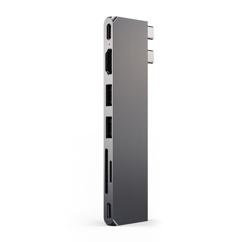 Adapter 12 günstig Kaufen-Satechi USB-C Pro Hub Slim Adapter Space Gray. Satechi USB-C Pro Hub Slim Adapter Space Gray <![CDATA[• Kompakter USB-C-Adapter • Anschlüsse: 1x USB-4, 1x SD, 1x MicroSD, 1x USB-C, 2x USB-A, 1x HDMI • Maße: 124 x 36 x 8 mm • Anschluss über zwei USB-C-Stec